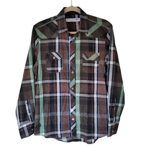 English Laundry John Lennon Green & Brown Plaid Floral Shirt Long Sleeve